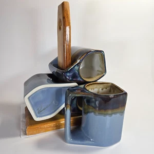 Rudolfo Padilla Blue & Tan Coffee Mugs Set of 4 Drip Glaze Pottery W/ Stand - Picture 1 of 22