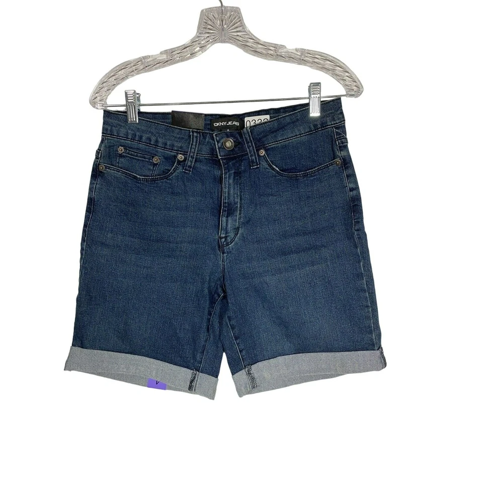 DKNY Jeans Dark Wash Classic Bermuda Midrise Stretch Cuffed Hem Shorts Sz 4