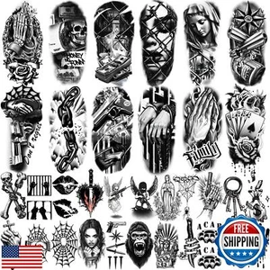 77 Hojas Tatuaje Temporal Para Hombres Mujeres, Negro Scary Skull Esqueleto Cuchillo Ro - Imagen 1 de 5