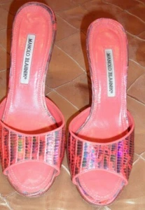MANOLO BLAHNIK DEEP PINK LEATHER SLIDES, OPEN TOE, SEXY LOOK, 4" HEEL, GREAT CON - Picture 1 of 12
