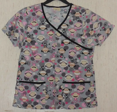 EXCELLENT WOMENS Tafford MONKEYS & POLKA DOTS NOVELTY PRINT SCRUBS TOP  SIZE XS - Image 1 of 3