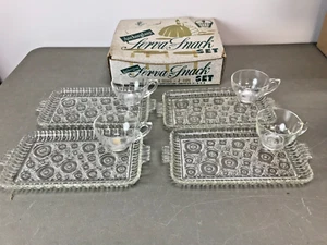 8 vtg Anchor Hocking Colonial Lady Circles Pattern Glass Serva-Snack Set w Box - Picture 1 of 12