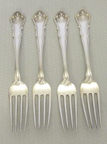 Durgin Sterling Silver NEW QUEENS SET 4 DINNER FORKS 7.75" Shreve Crump Low 266g Cover