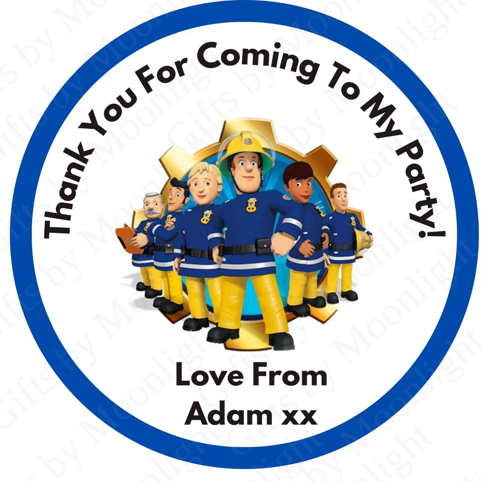 Personalised Birthday Stickers Party Bag Sweet Cone Thank You fireman sam 24 - Image 1 of 1