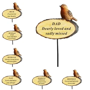 Memorial Robin on Log 3D Bird Stick Stake Pick Plaque Tribute Graveside Ornament - Picture 1 of 12