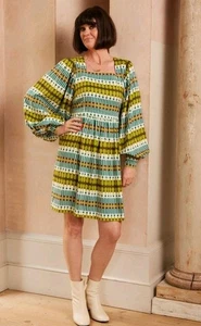 Joanie Dawn O Porter Dress Size 18 Green Brown Retro 70's Crybaby Bell Sleeves  - Picture 1 of 14