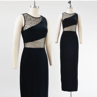 Vintage 90s Black Velvet Sheer Mesh Cut Out Tight Stretch Velvet Maxi Dress  - Image 1 of 4