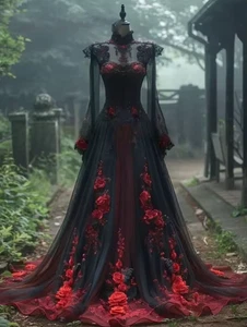 Vestido de novia gótico rojo y negro con apliques florales 3D encaje línea A tul - Imagen 1 de 9