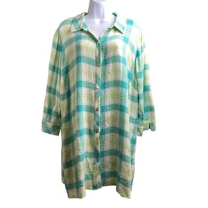 Susan Graver Blue Green Plaid Tunic Top Size 2X Gauzy Flowy Preppy Lagenlook - Picture 1 of 12