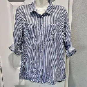 Banana Republic Blue White Striped Parker Tunic Fit Button-Up Shirt Petite Small - Picture 1 of 6