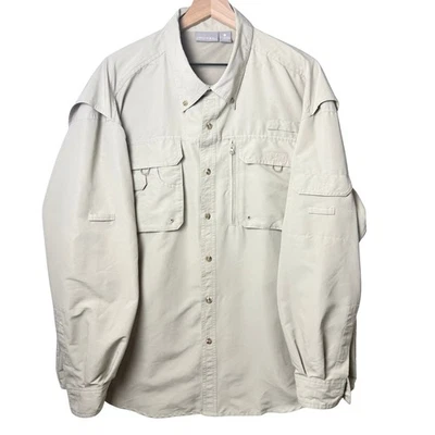 Quest Vented Back Long Sleeve Fishing Button Up Shirt Nylon Zip Tan Men’s XL - Image 1 of 4