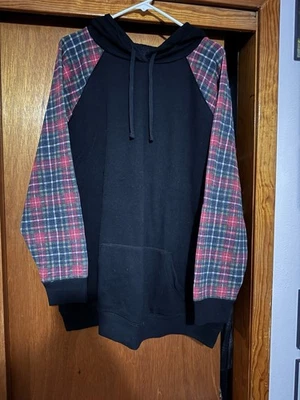 Torrid Size 3 Women’s Hooded Sweatshirt Black with Plaid Arms Long Sleeves - Image 1 of 2