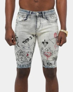 Anclajes levantados Pantalones cortos de mezclilla para hombre Julieta azul angustiado gráfico talla 32 - Imagen 1 de 12