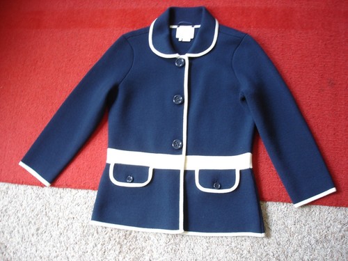 Cardigan Kate Spade misto lana lavorata a maglia giacca anteriore blu navy crema taglia 8 ottime condizioni