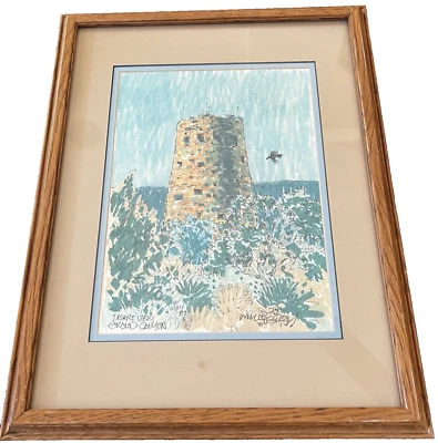 Dibujo a pluma y tinta original de la década de 1980 con vista al desierto Watchtower Grand Canyon AZ firmado Foto 1 de 4