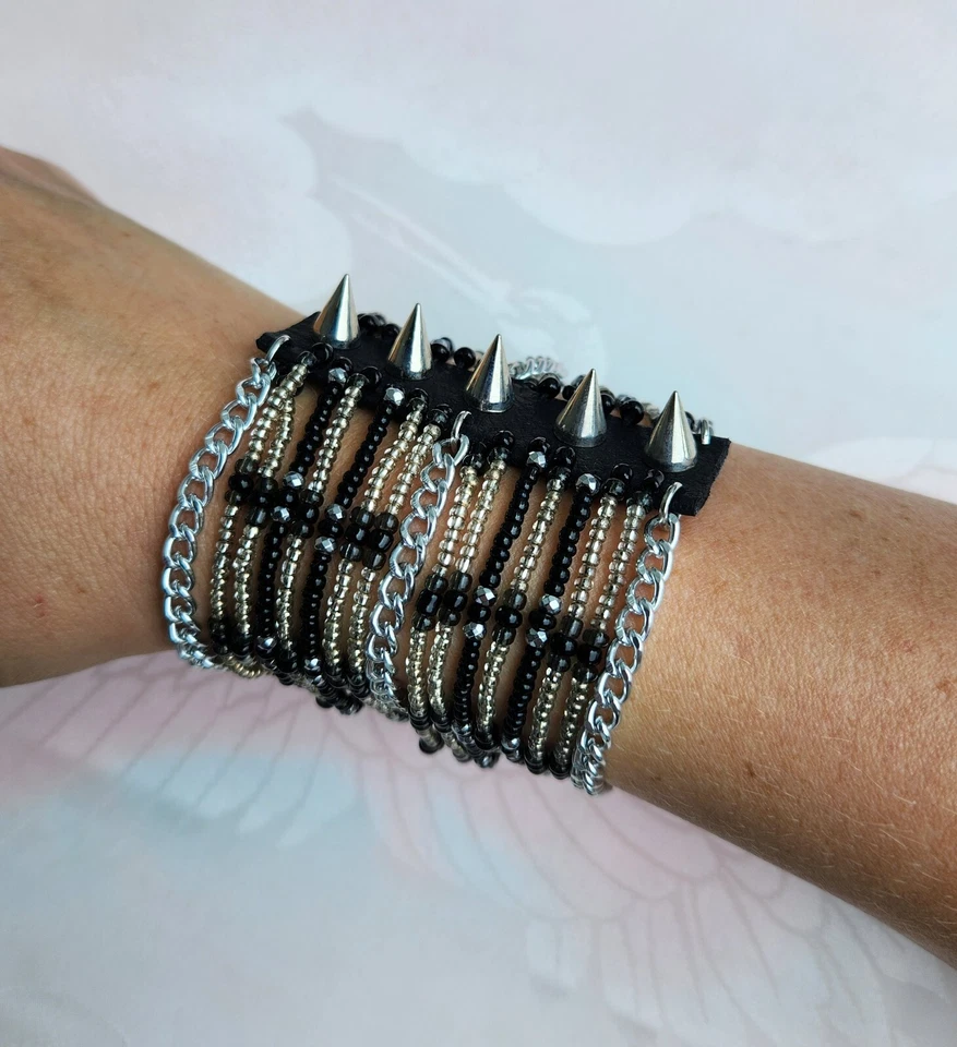 Handmad Rocker Biker Punk Cuff Bracelet  "Black Riot" Gothic Chains and Spikes - Image 1 of 4