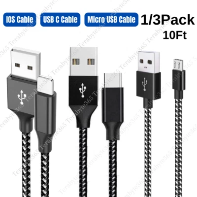 1/3x Lot Braided Cable Fast Charging Data Cord 10Ft For iPhone Type-C Micro USB - Image 1 of 4