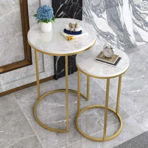2PCS Stackable Round Coffee Table Set Sofa End Table Bedside Table Golden Framed - Picture 1 of 15
