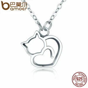 BAMOER Women Necklace Real S925 Sterling Silver Hollow Cute cat Pendant Jewelry - Picture 1 of 10