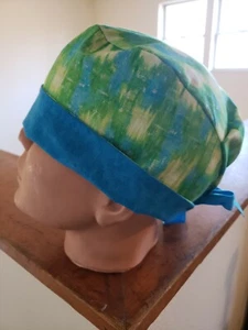BLUE & GREEN TONAL WITH BLUE BAND pixie style surgical scrub hat - Picture 1 of 2