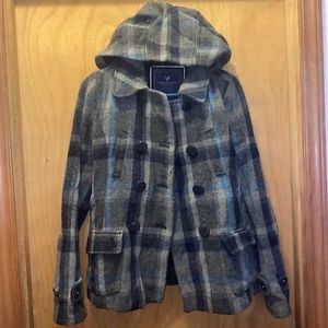 American Eagle Outfitters Plaid Wool Blend Pea coat Button Up Plaid Blue Gray Sm - Picture 1 of 8