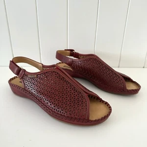 Pikolinos Leather Sandals Size 41 Red Laser Cut Out Slingback Peep Toe Flat - Picture 1 of 14
