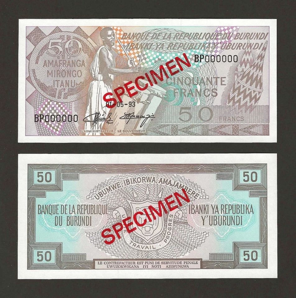 BURUNDI 50 Francs 1993, P-28cs SPECIMEN, Overprint, Prefix BP, Original UNC. - Image 1 of 1