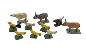 Grulicher Animali Del Presepe,6 Polli,Pecora,Asino,Ochs,Cane,Holz Gesch. (# - Foto 1 di 3