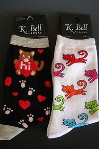 Calcetines crew para mujer K. Bell talla 4-10 dos pares estampados de gato negros blancos nuevos con etiquetas - Imagen 1 de 3