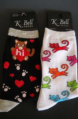 K. Bell Crew Socks Women's Size 4-10 Socks Two Pairs Black White Cat Print NWT - Изображение 1 из 3