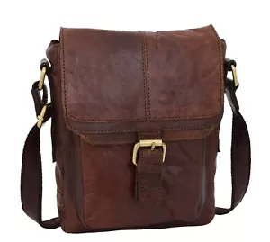 Real Leather Mens Cross Body Organiser Flight Bag Messenger Shoulder Pouch Brown - Picture 1 of 8