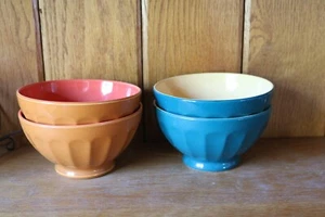 PV Peasant Valley Italian Pottery set of 4 bowls orange blue soup cereal - Picture 1 of 7