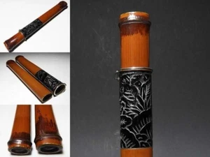 Escultura de tubo de humo antiguo japonés de bambú urushi pipecase sagemono meiji - Imagen 1 de 9