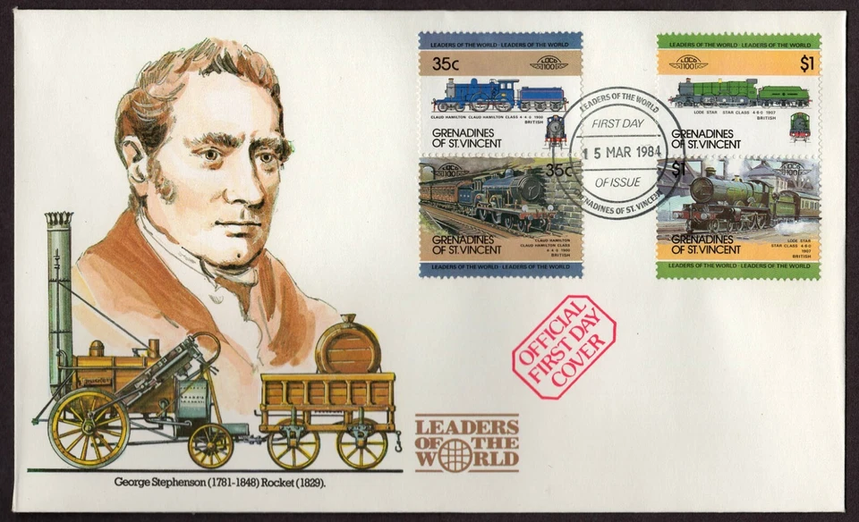ST. VINCENT GRENADINES # 307 and 328, FDC COVER LEADERS OF THE WORLD LOCOMOTIVES - Image 1 of 1