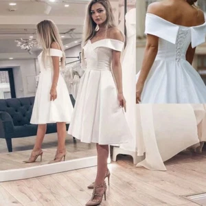 Elegant Short Wedding Dresses Off Shoulder Satin Knee Length Beach Bridal Gowns - Picture 1 of 7