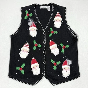 Chaleco Suéter Navidad Vintage Mujer XL Cara de Santa Acebo Berry Bordado Años 90 - Imagen 1 de 10