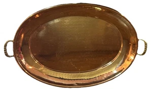 Hammered Copper Large Oval Pebbled Serving Tray with Brass Handles 15" Platte - Picture 1 of 7