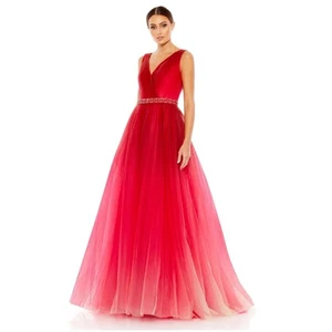 NWT Mac Duggal Red Ombre Tulle V-Neck Sleeveless Beaded Gown 4 - Picture 1 of 10