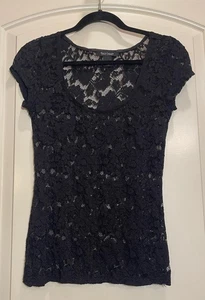 White House Black Market Womens Black Full Lace Short Cap Sleeve Top SZ XS - Picture 1 of 7
