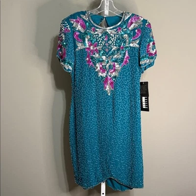 Vintage Leslie Fay Evenings Silk Beaded Dress NWT Size 8 90s Glam Teal - Image 1 of 4