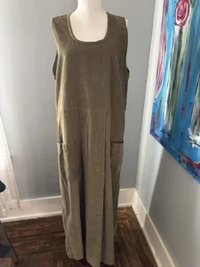 Maglione vestito vintage lino donna lungo velluto a coste tasche L verde oliva - Foto 1 di 5