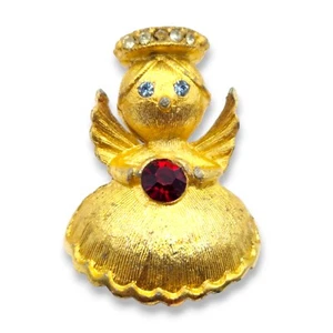Broche Ultra Dorado Ángel Rojo Estrás Vintage Años 80 Memorial Religión Firmado Rubí - Imagen 1 de 10
