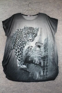Blossom Shirt OSFA Plus Leopard Eiffel Tower Rhinestones Black Pullover Cap Nwt - Picture 1 of 12