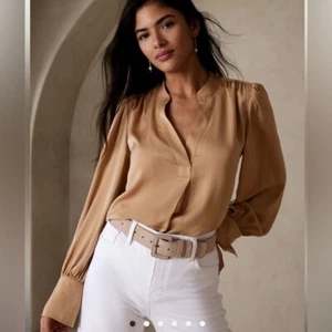 BANANA REPUBLIC BROWN SATIN CREPE VOLUME-SLEEVE BLOUSE SIZE PETITE XS - Picture 1 of 7