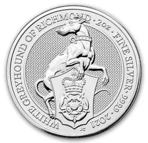 2021 QUEENS BEAST 2 OZ. WHITE GREYHOUND OF RICHMOND 9999 FINE SILVER COIN - Picture 1 of 2