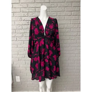 Banana Republic Petite Black Pink Floral Balloon Sleeve Dress Size 8 - Picture 1 of 14