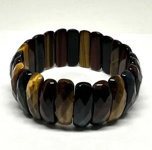 NUEVO Brazalete Ancho Ojo de Tigre Ónix Cuarzo Piedras Preciosas Marrón Negro Elástico Faceta Ovalado - Imagen 1 de 3