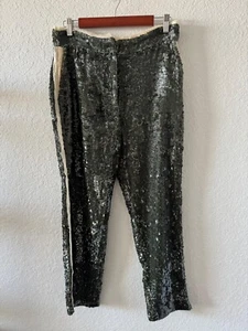 NWT ZARA ZW Sequin Party Holiday Trousers Pants Green Frayed Ivory Trim Size M - Picture 1 of 10