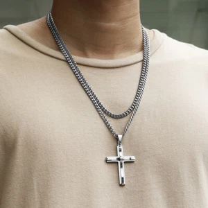 2pcs 5mm MENS Cuban Link Silver Cross Pendant Necklace Set Stainless Steel Chain - Picture 1 of 7