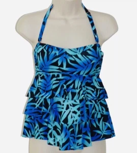 Island Escape Tankini 6 Swimsuit Top Bandeau Neck Black Blue Floral New - Picture 1 of 3
